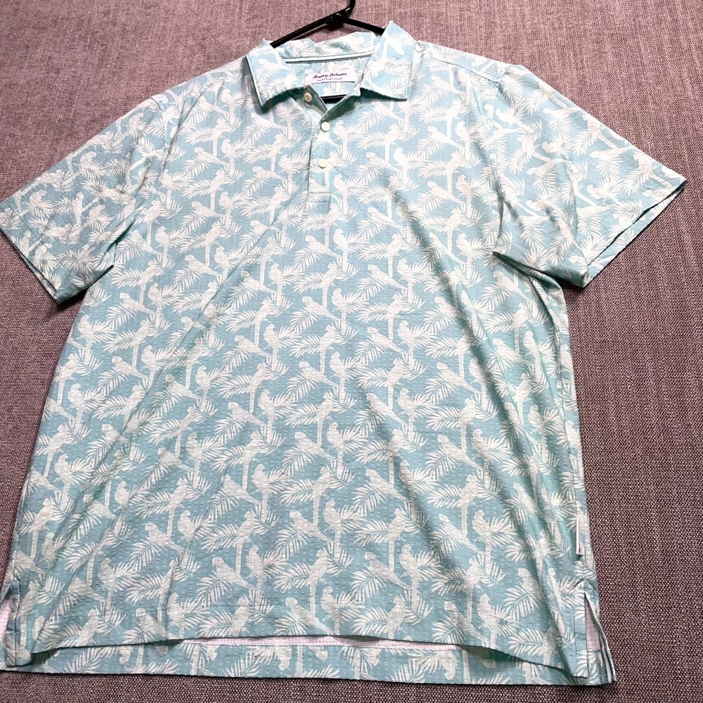 Tommy Bahama IslandZone Polo Shirt Mens Medium Blue White Parrot Print Stretch
